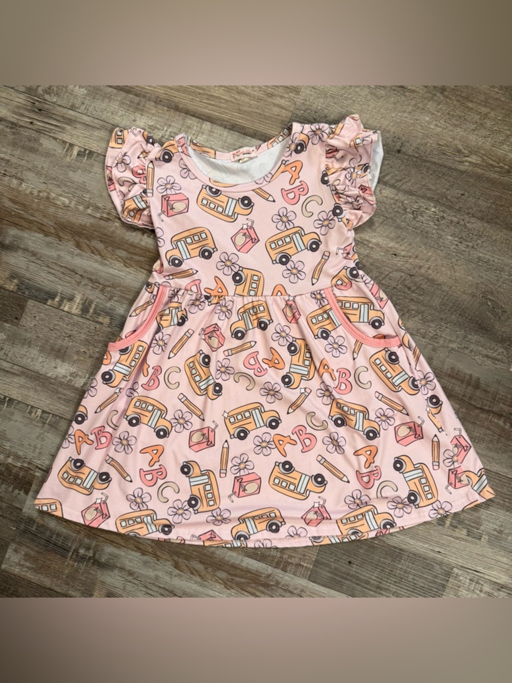 Girls 5-6T Pink School Bus ABC Dress | Back to School Print | Boutique Style